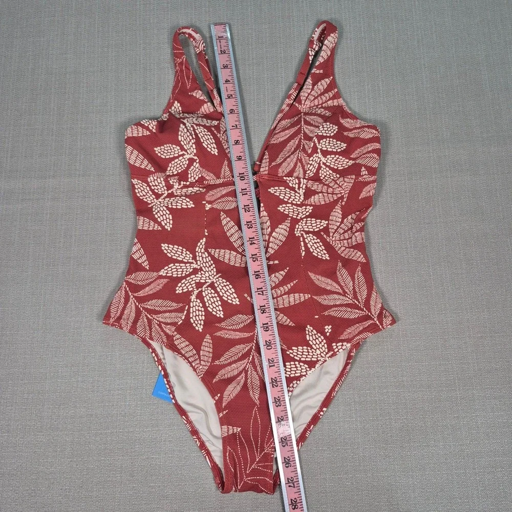 Cupshe‎ Womens Rust Tropical Leaf Print One Piece Swimsuit Cutout V-Neck Size L
